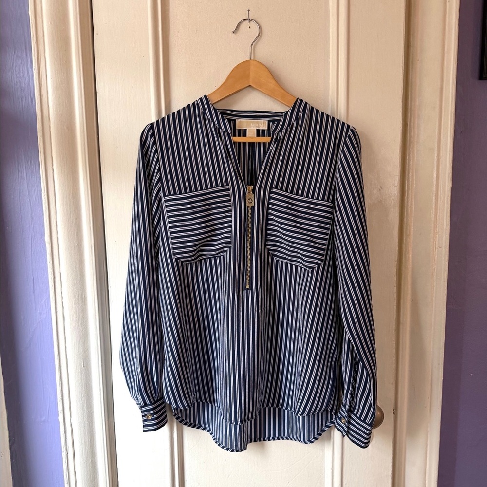Michael Kors Navy and White Striped Zip Front Blouse